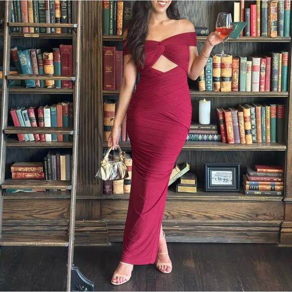 Ronny Kobo Red Ruched Maxi Dress MEDIUM Cutout Slinky Jersey Gown Designer $468 - Picture 10 of 13